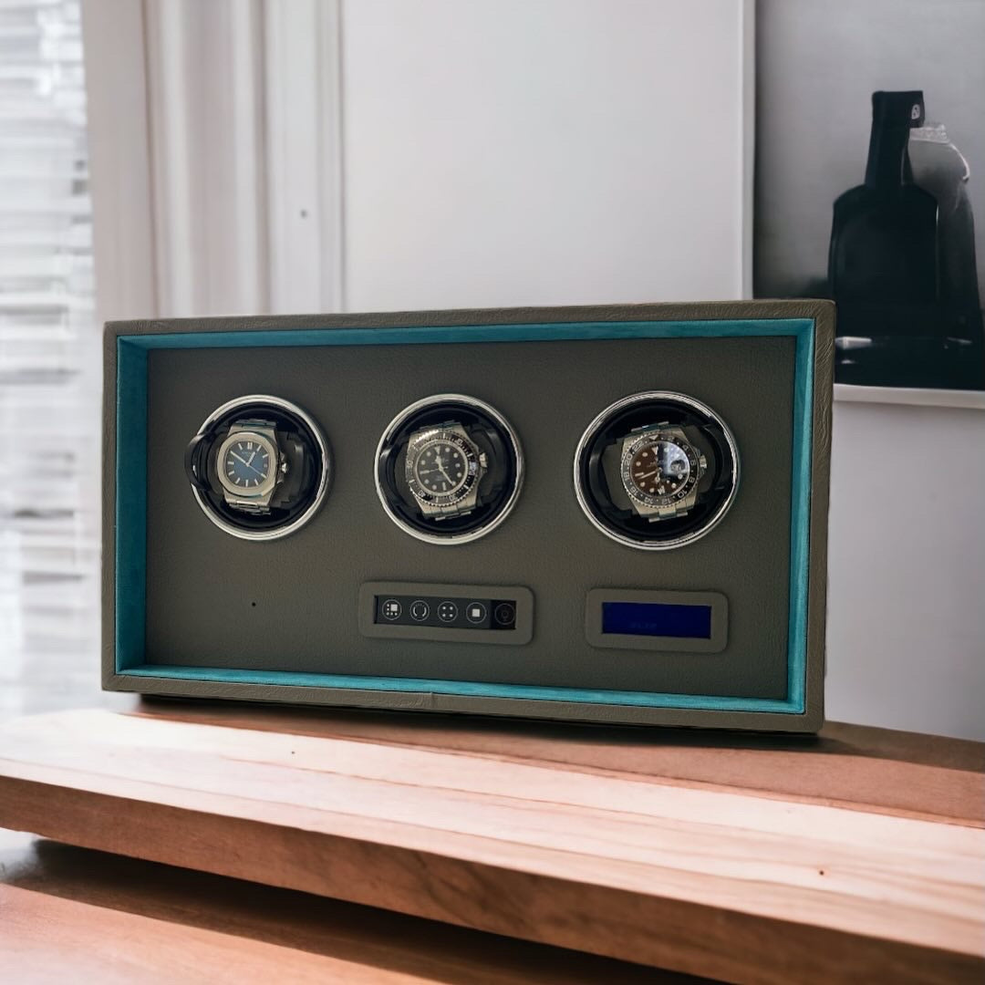 watchwinder avvolgitore per 3 orologi automatici con lcd in pelle